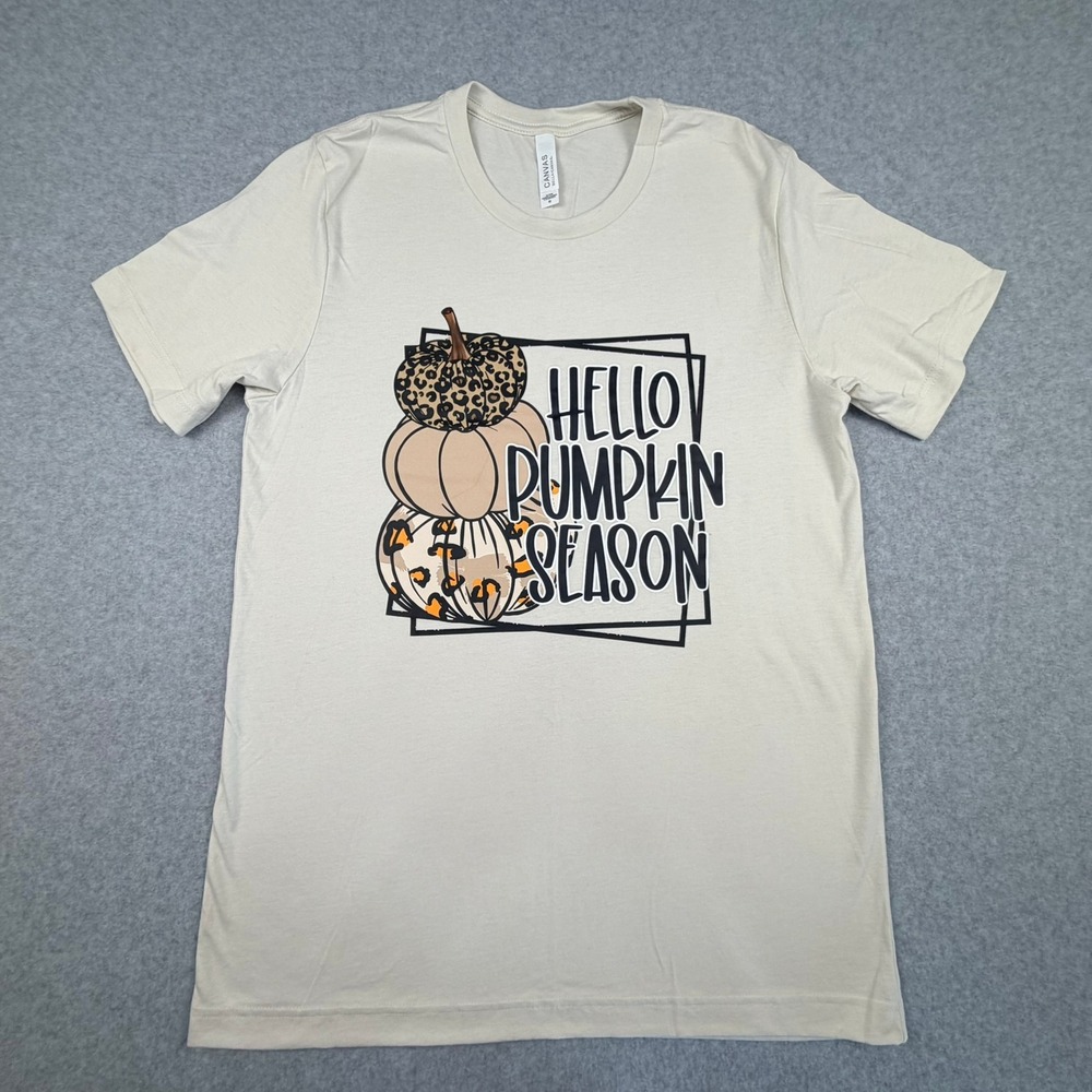 Bella Canvas Hello Pumpkin Season Graphic Tee Cream Leopard Fall Shirt Medium